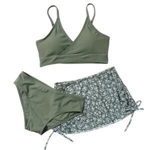 Girls' Size 13-14 Yr Bathing Suit 3 Piece Swim Set Bikini & Sheer Skirt Green